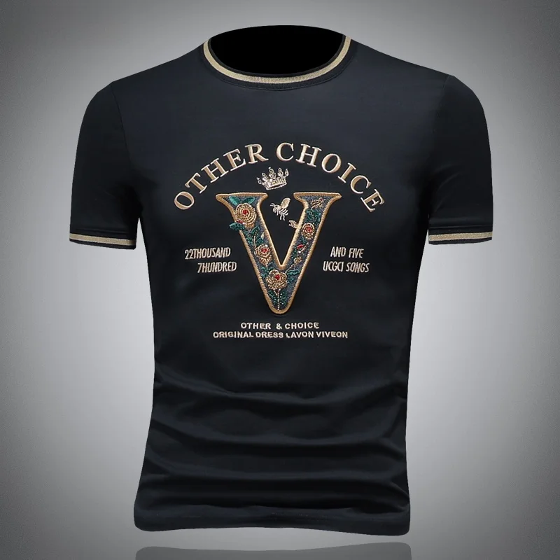 Ele Korean Sle Letter Embroidery T-irt Summer ort Sve Slim Fit Silk Cotton round Ne f Sve Men's T-irt