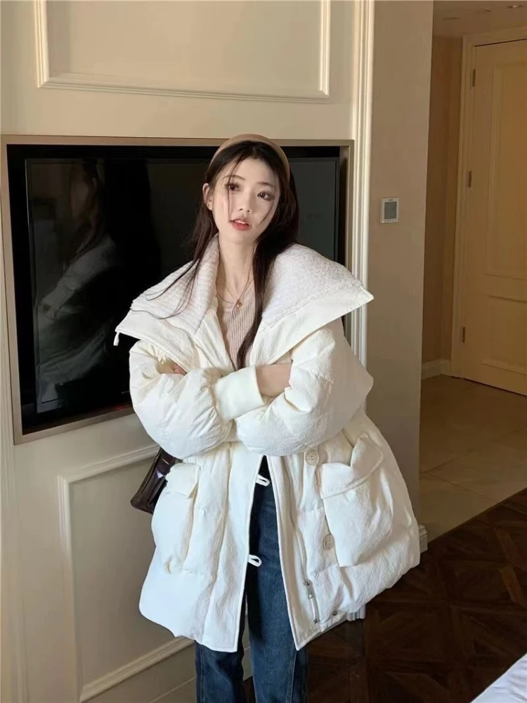 Korean Style Fashion Cotton Coat for Women Loose Casual Mid Length Large Pockets Waist Cinch Outerwear