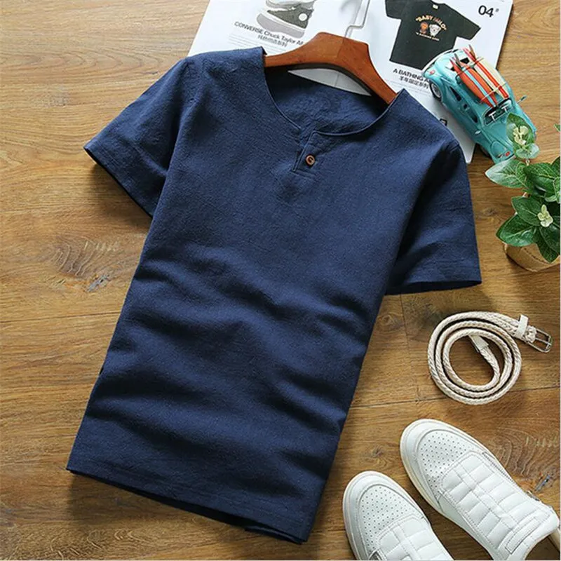 Men's plus Size Linen Cotton Blended Shirt V Collar Traditional Chinese Style Spring Summer Breathable Comfortable Clothing