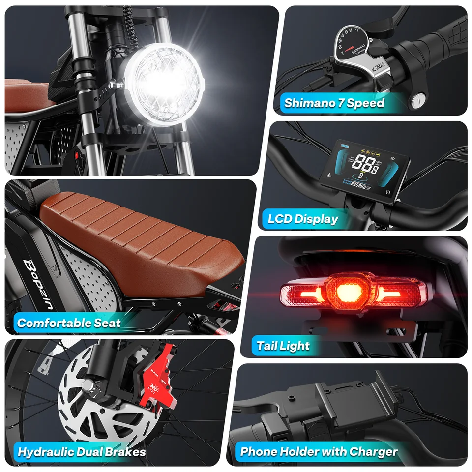 Bopzin C22-Z-25 Electric Bike 1500W 48V 25Ah Fat Tire Ebike for Adults 35MPH Full Suspension Off-Road 20" Dirt Motorcycle E-Bike image 7