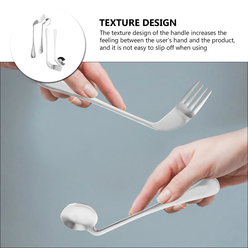 

1 set 1 set Angled Spoon Fork Set Ergonomic Curved Stainless Steel Feeding Utensils Patients Self Feeding Handle Design