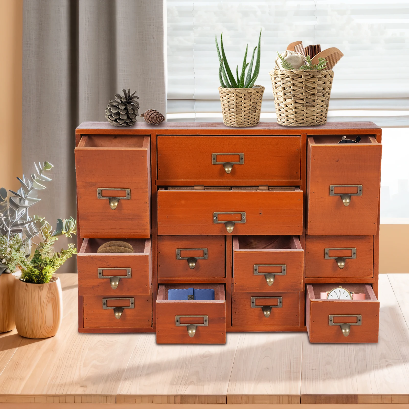 

Brown Storage Box with 12 Independent Drawers, Classic Desktop Drawer Organizer 51*10*35cm for Home and Office