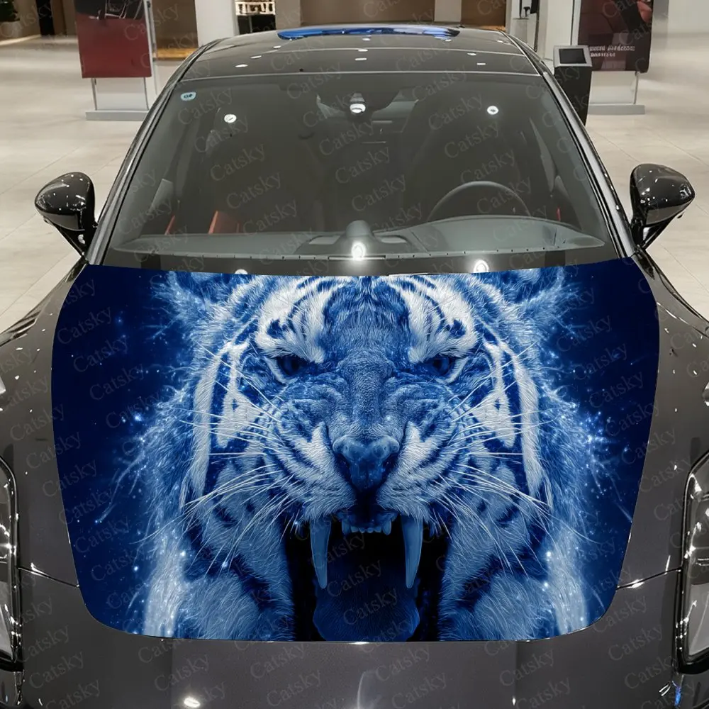 

Fierce Anger Blue White Tiger Pattern PVC Car Hood Wraps, Self-Adhesive Waterproof Car Bonnet Decal Sticker, Car Decoration Prot