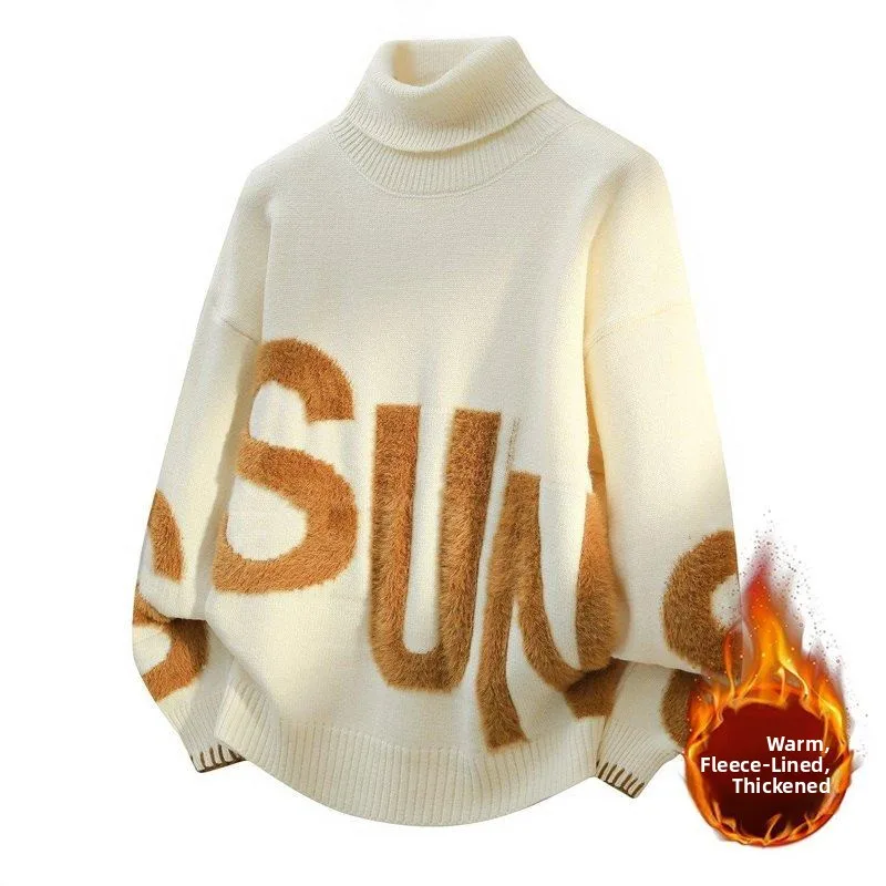 

Мужской зимний утепленный вязаный свитер на флисовой подкладке с высоким воротником, повседневный, модный, молодежный, универсальный, теплый топ