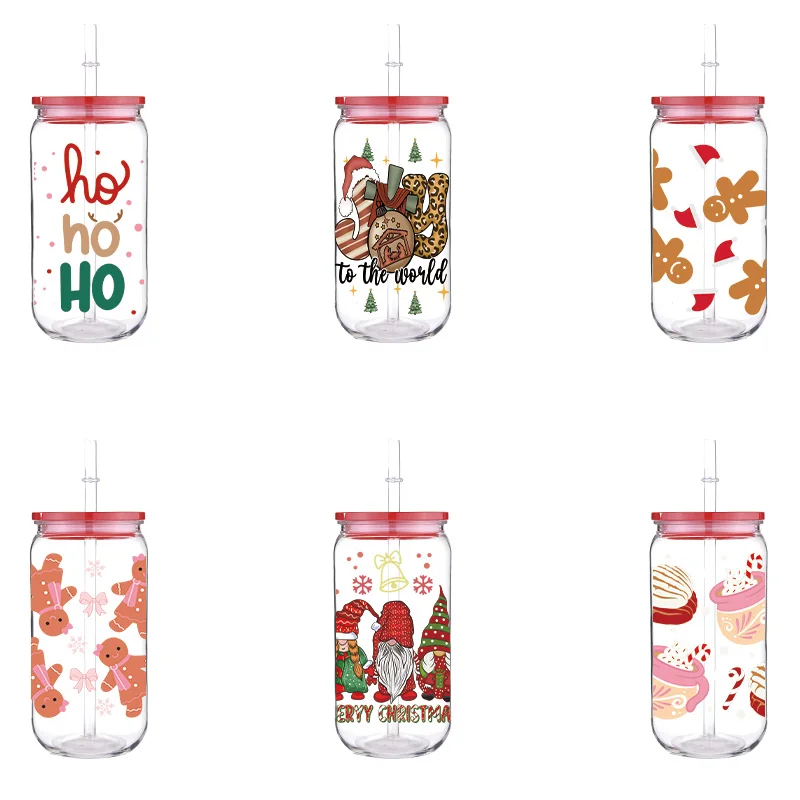 

Christmas 16oz Printed PET Cup With Straw Red Lid Cartoon Funny Design Can Be Used To Milk Coffee Drinks Plastic Durable Cup