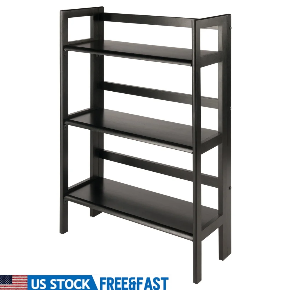 

3-Tier Foldable Stackable Shelf Wooden Storage Unit Laundry Room Home Office Durable Black Finish Indoor Use
