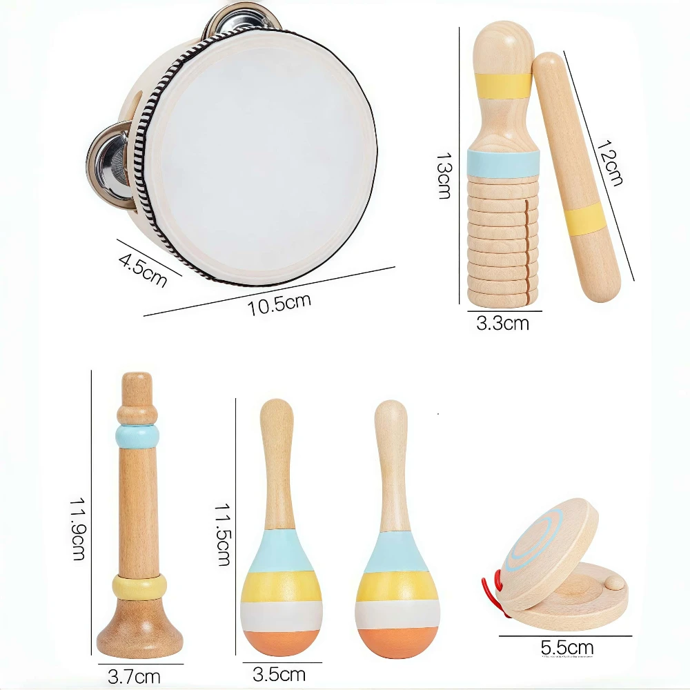 ไม้ Orff เพลงของเล่นเพื่อการศึกษาสําหรับเด็กปฐมวัย Sensory Development Percussion ชุด Maracas Castanets Hand Bells