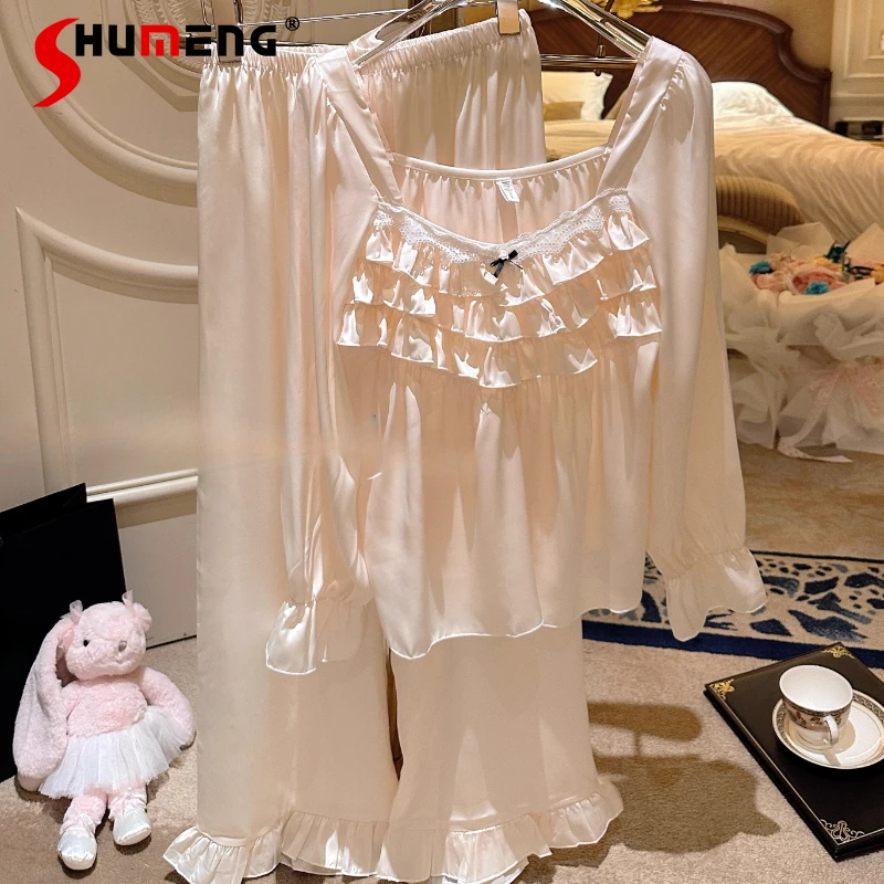 

Высококачественный комплект домашней одежды в стиле принцессы для женщин, пижамные костюмы из ледяного шелка с рюшами и длинными рукавами, женские весенне-осенние милые костюмы для отдыха