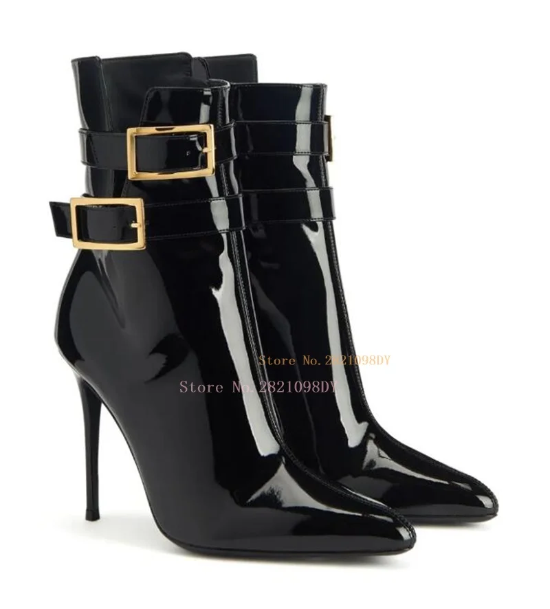 Patent-Finish Boots Gold-Tone Buckle Hardware High Heel Ankle Boots Women Thin Heeled Black Short Bota