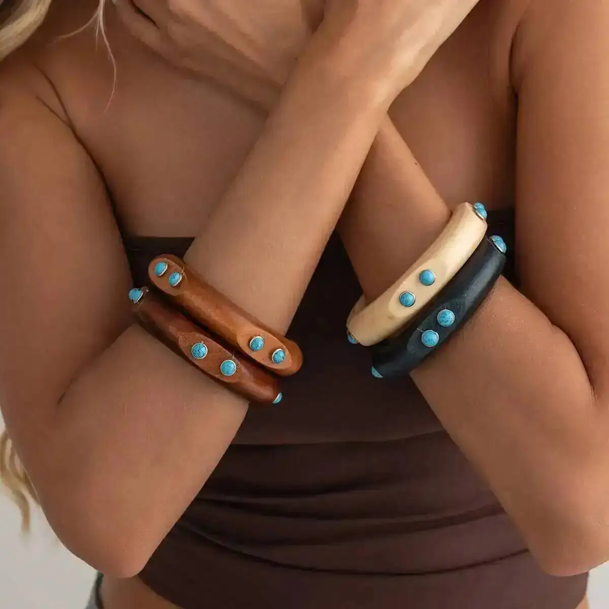 

KunJoe Vintage Punk Stackable Wood Bangles Ethnic Multilayer Geometric Chunky Round Wide Bangle Women Stackable Bracelet Jewelry