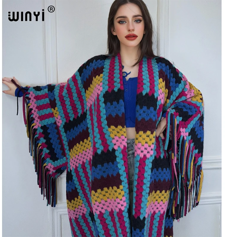 

WINYI African Winter color printed tassel cardigan woman abaya outfits for women coat Open Front Kimonos long down poncho