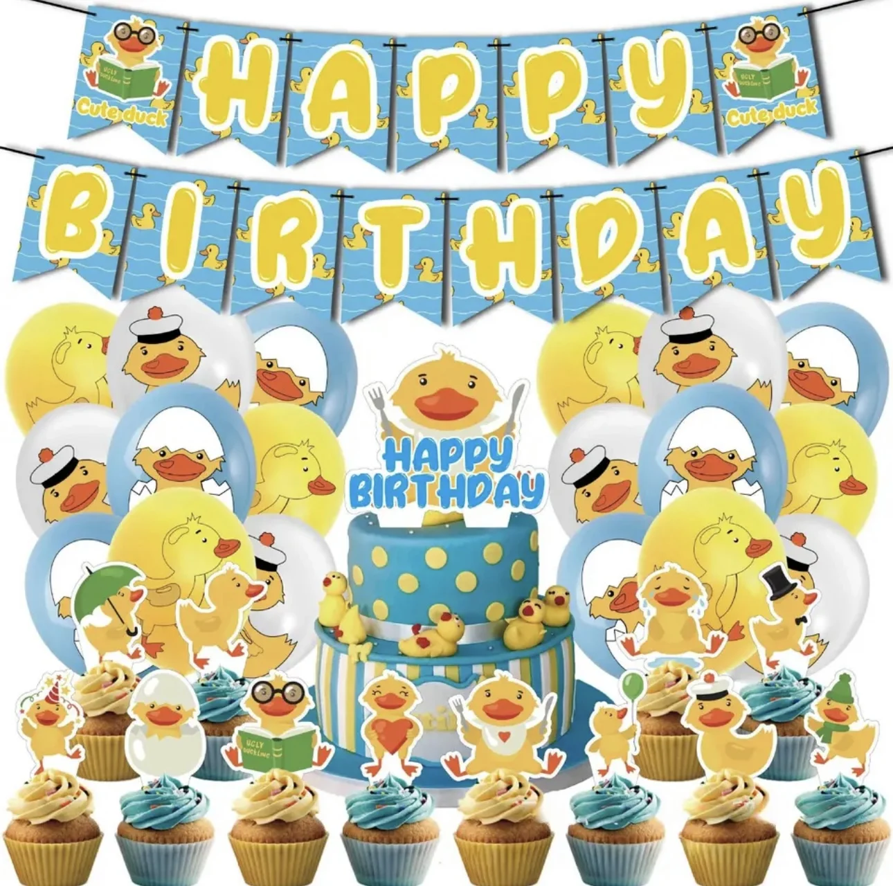 

Umi Cartoon Yellow Duck Theme Birthday Set Cute Duck Balloon Cake Cover and Banner Duck Birthday Party Supplies with Background