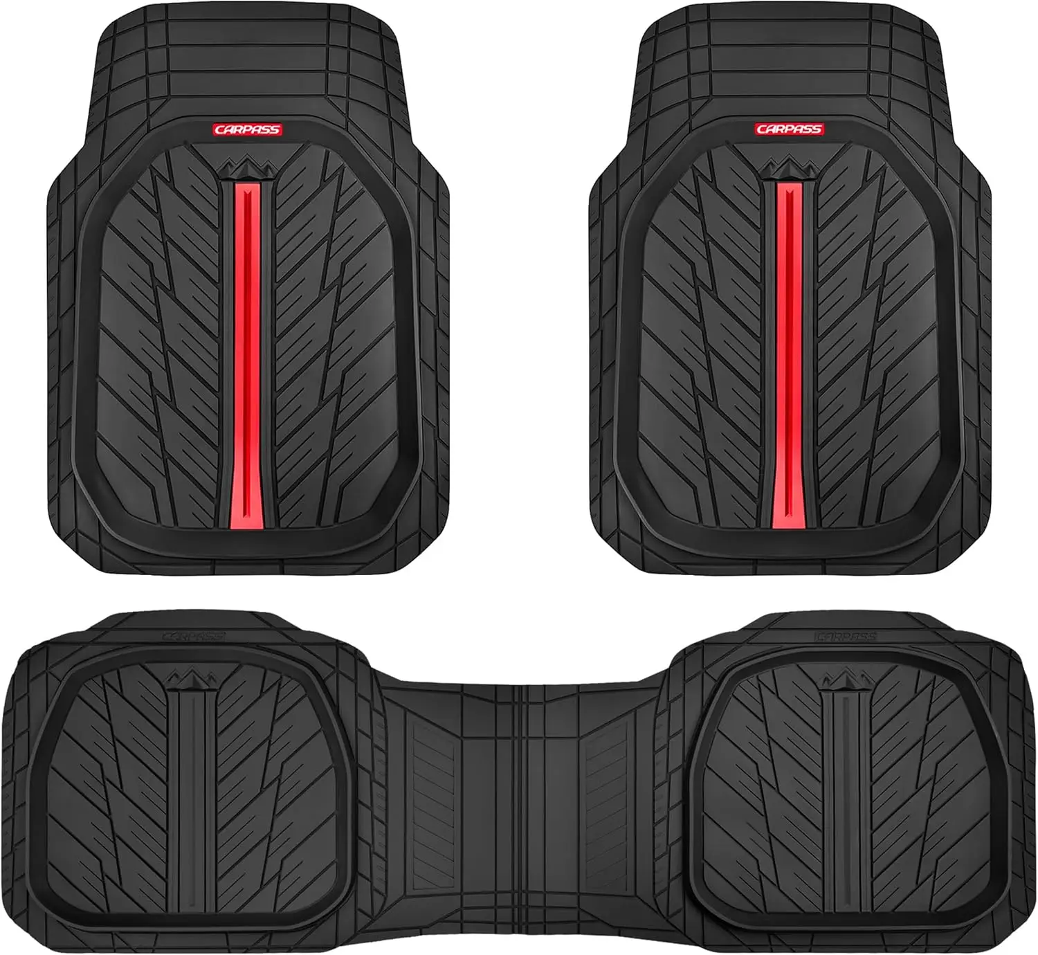 

Heavy Duty All Weather Rubber Floor Mats for Cars, Trucks, SUVs - Waterproof 3-Piece Set in Red/Black