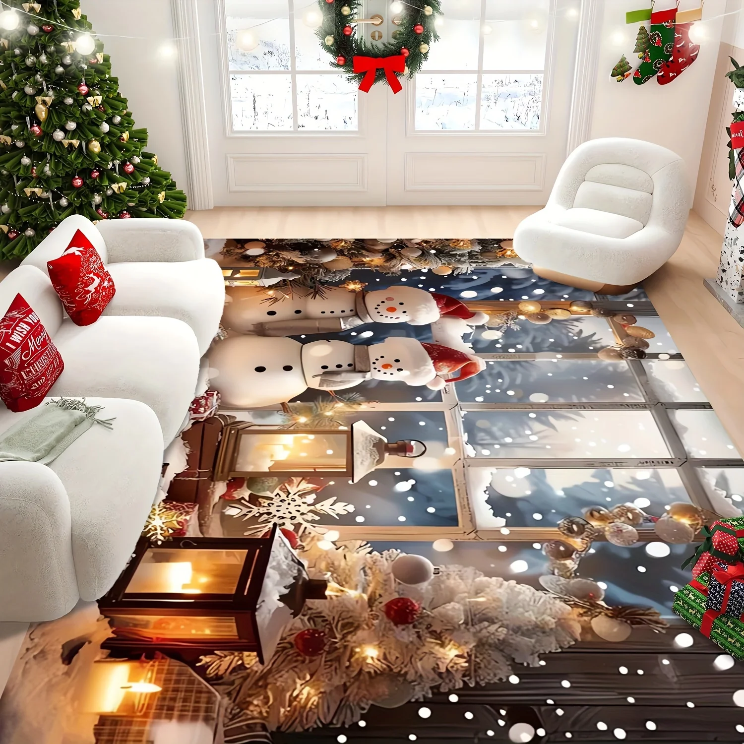Christmas Winter Wonderland Area Rug - Featuring Snowman and Snowflake Design, Suitable for Living Room, Bedroom, or Entryway