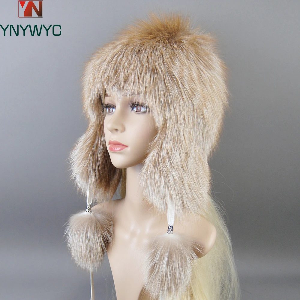 Luxury Women Natural Fox Fur Hat Real Fur Beanies Cap Knitted Hats Russian Brand Fashion Winter Warm Lady Cap Silver Fox Fur Hat