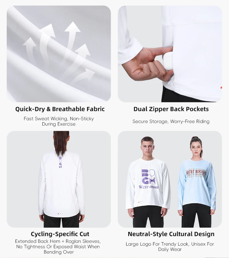 WEST BIKING Herren-Radtrikot mit langen Ärmeln, Frühling/Herbst, schnelltrocknend, Unisex-T-Shirt, lässiges Sportoberteil für Pendler, Laufen und andere Sportarten. – Detail 8