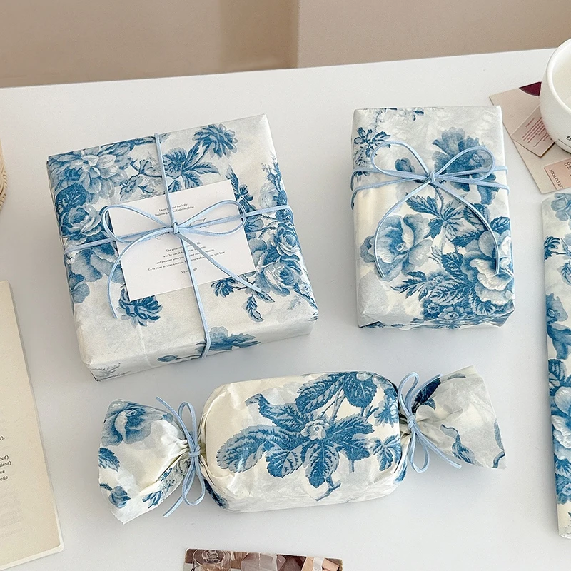 10PCS Wrapping Paper for Flower Bouquet Gift Packaging New Chinese Style Peony Blue Floral Arrangements Gifts Packaging Paper