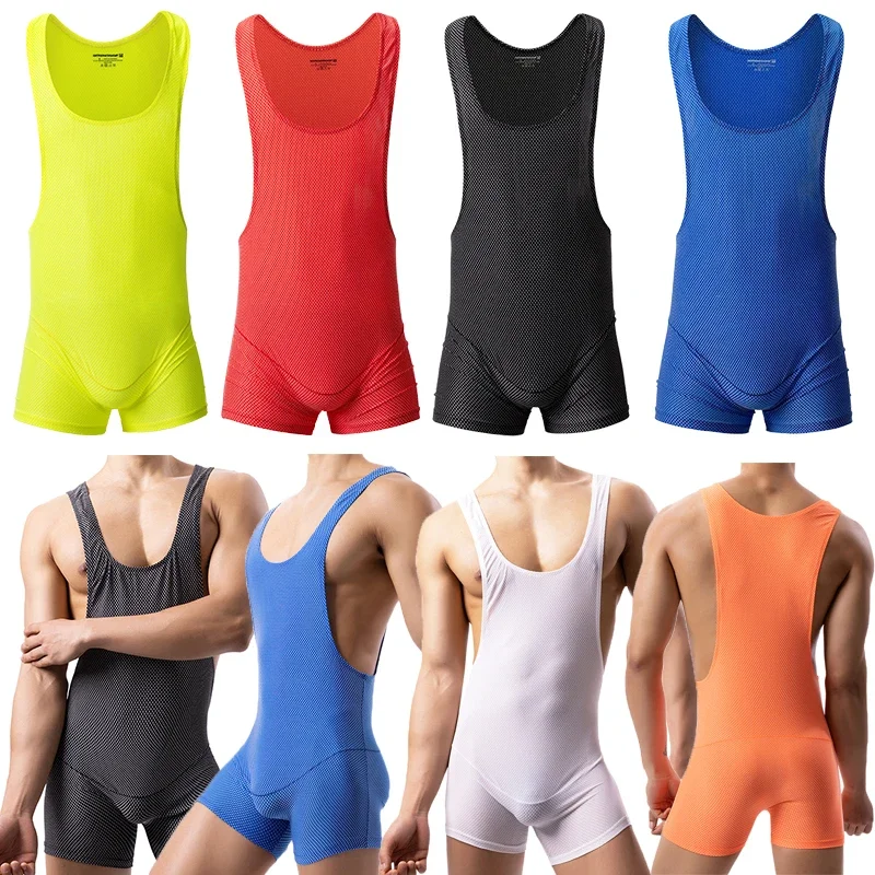 

Mens Bodysuits Slip Homme Elastic Undershirts Underwear Leotard Nightwear Seamless Wrestling Singlet Jumpsuits Gay Rompers Vest
