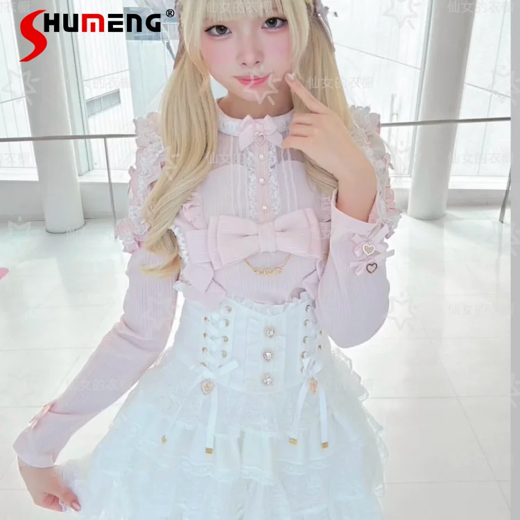 

Japanese Style Liz Elegant Sweet Cute Ruffled Bows Round Neck Mesh Patchwork Off-shoulder Long Sleeves Slim Shirts Top for Women