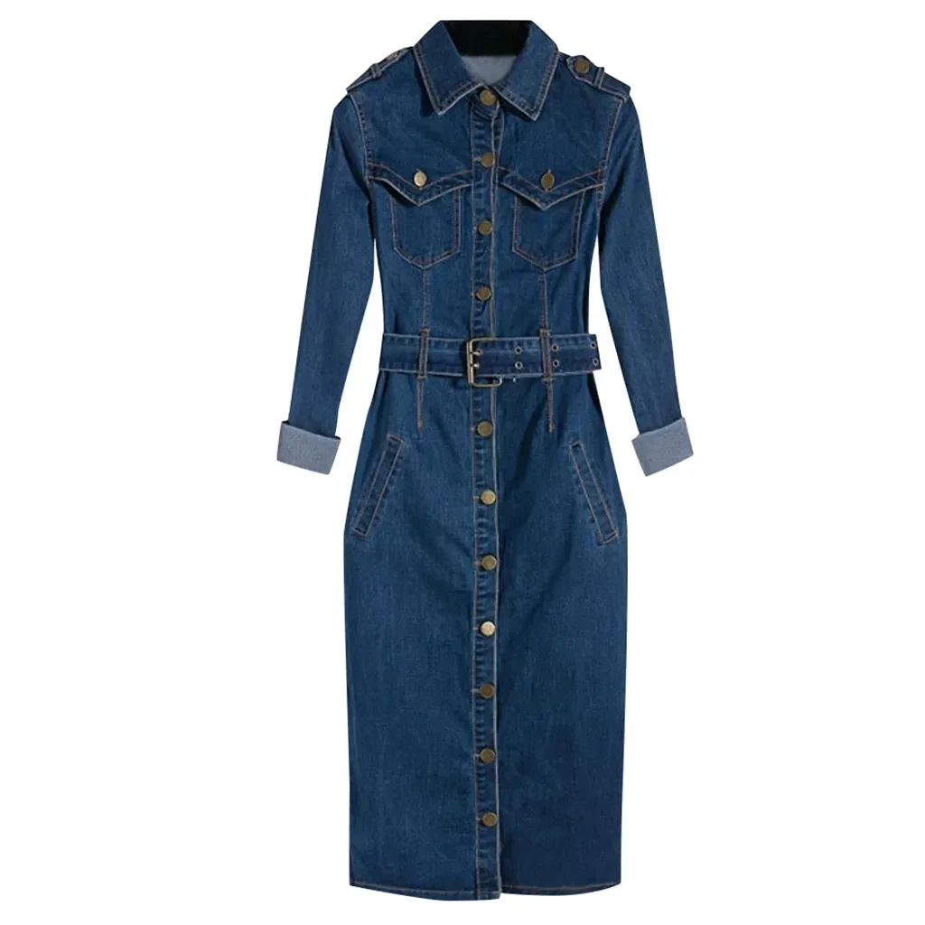 Vintage button-up jeansjurk dames blauwe revers denim vestidos winter kantoor slanke lange mouw mid-manchet denim met riem lange jurk