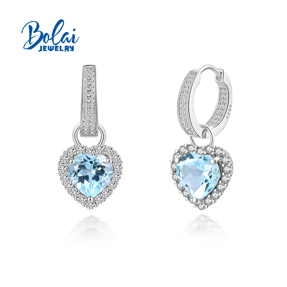 

925 sterling silver heart earrings,Two wear method design, natural sky blue Topaz 8mm fine jewelry for women Anniversary party