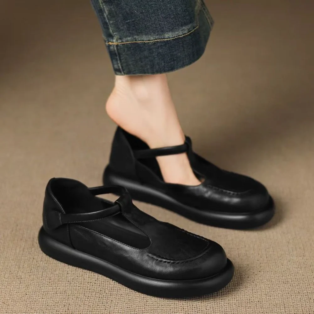 Vintage schokoladenbraune Mary-Jane-Slipper mit runder Zehenpartie, Slip-On-Loafer aus weichem Leder, bequeme Freizeitschuhe, rückenfreie Pantoletten, Streetwear – Detail 12