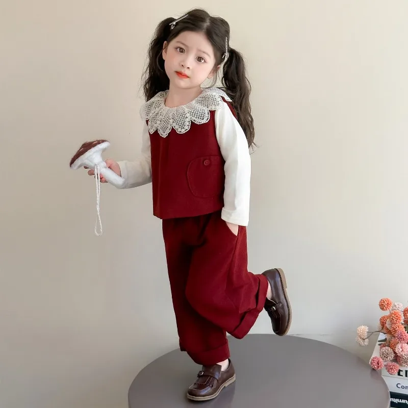 Kinder Frühling Herbst Kleidung Set Mädchen Spitze Kragen Top + Weste + Breite Bein Hosen Drei Stück Set Kinder süße Anzug – Detail 7