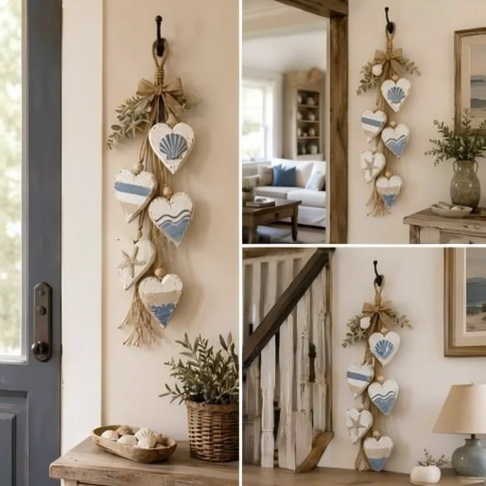 Hanging Heart Wall Decoration Natural Beech Wood Rustic Style Ornament For Living Room Bedroom House Warming Gift