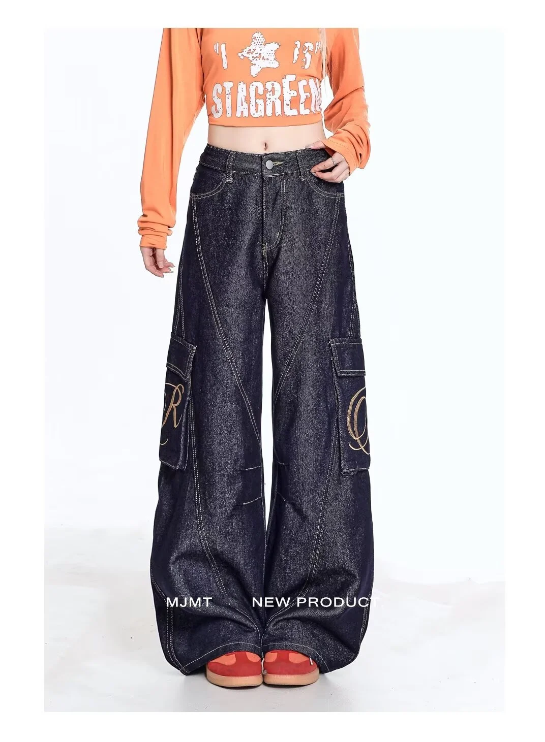 American retro niche vintage wide leg loose jeans women's splicing straight leg casual curved knife long pants trendy Harajuku