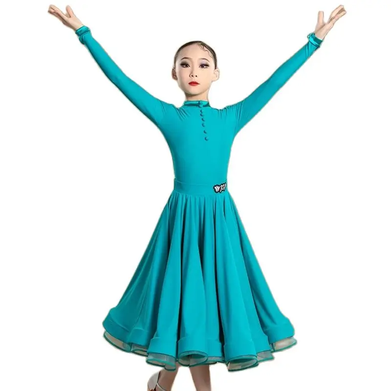 New National Standard Ballroom Dance Costume Girls Long Sleeves Latin Dance Professional Dress Waltz Modern Dancing Wear XS7861