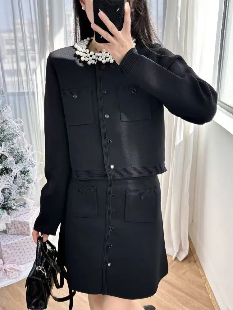

2025 Spring New Knitted Suit Patchwork Pearls O Neck Cardigan For Women Long Sleeve Single Breasted Top or High Waist Mini Skirt