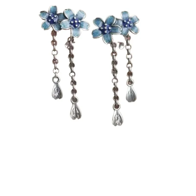 

sterling silver ethnic style burning blue new Chinese tassel earrings women's national style earrings new earring temperament
