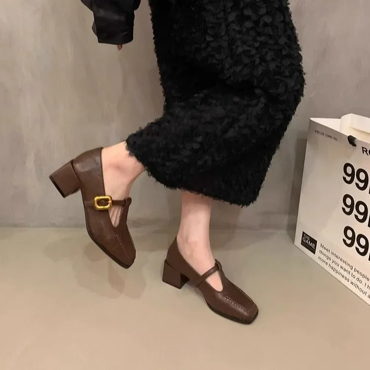 

2024 Autumn Square Head Thick Heel Temperament Tee with Mary Jane Single Shoes Simple Comfortable High-heeled Shoes for Women