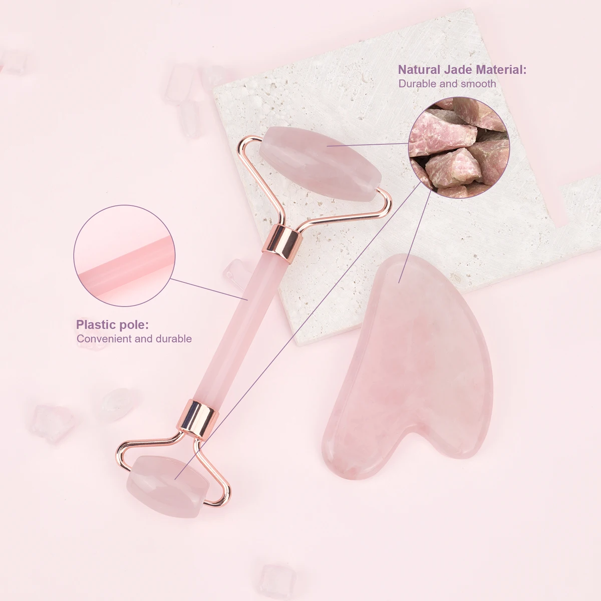 Natural Jade Face Roller Gua Sha Scraper Set Face Neck Body Skin Care Beauty Tool Portable Rose Quartz Facial Massager Tool