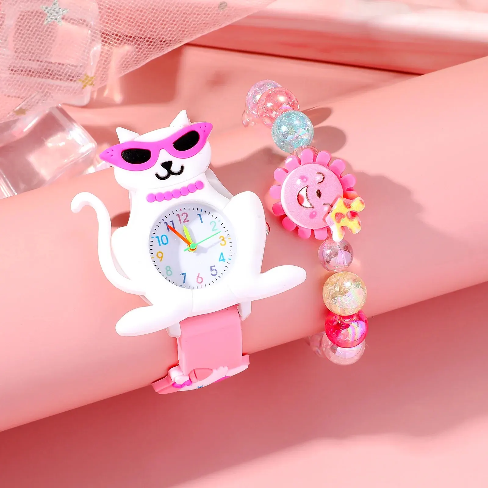 Fashion Simple Silicone Cat Children\'s Quartz Watch Set