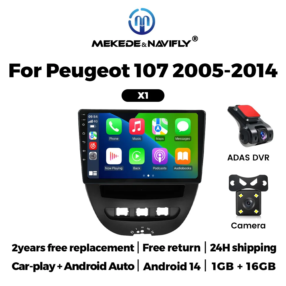 MEKEDE Android 15 Autoradio Head Unit 2 Din autoradio stereo navigatie Carplay voor Peugeot 107 Toyota Aygo Citroen C1 2005-2014