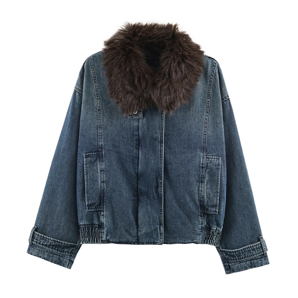 

Casual Loose Denim Jacket With Plush Trim Outerwear Women's Winter New European American Fashion Warm Style Female Tops