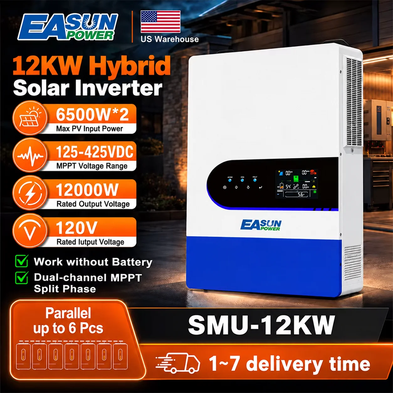 EASUN POWER 12KW Hybrid Inverter Split Phase Solar Inverter 48V 110V Hybrid Solar Inverter 220A MPPT Paralleled Split Phase 120V/240V Solar Invertor Solar Controller Inversores 12000W Phase Separated Inverter Pure Sine Wave 2 Routed MPPT