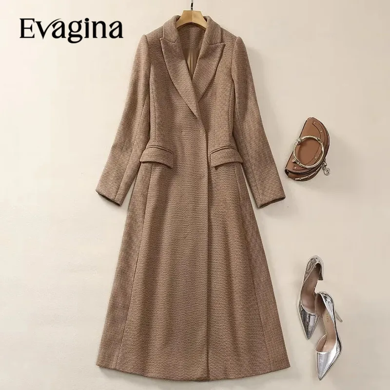 

Evagina New Fashion Runway Designer Women's Autumn Long Sleeved Suit Collar Self Cultivation Medium Length Woolen Coat jacket