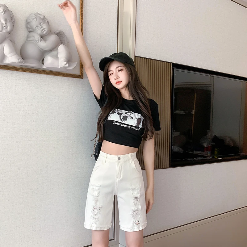 White Cotton Short Jeans Women High Waist Grinding Hem Vintage Washed Loose Design with Holes