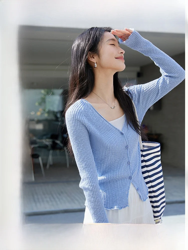 

Fashionable Blue Ruffle Hem V-Neck Knitted Open Cardigan Women's Slimming Long Sleeve Top Spring New Style Straight Cut Cotto...