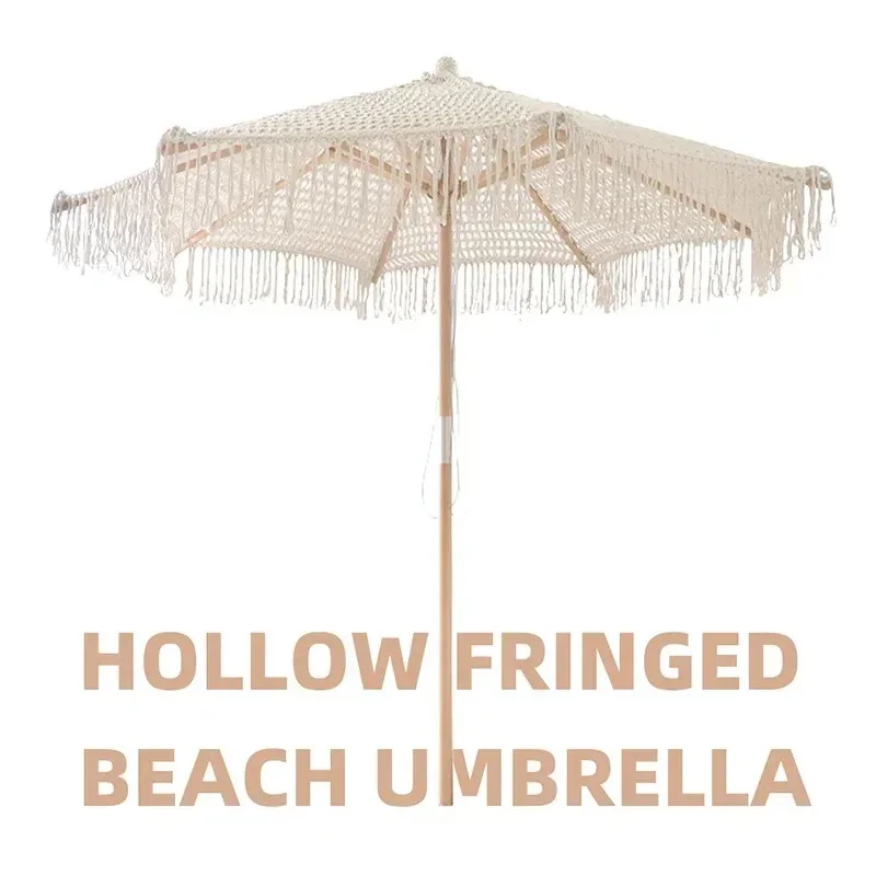 Bohemia Cotton Rope Parasols 2.5M Wooden Pole Handmade Tassels Woven Canopy Beach Umbrella With Macrame Fringe