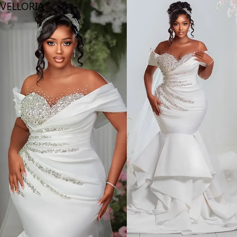 تخصيص الأبيض حورية البحر مساء اللباس 3D الماس ثوب الزفاف مثير قبالة الكتف حزب اللباس Vestdos دي فييستا مخصص