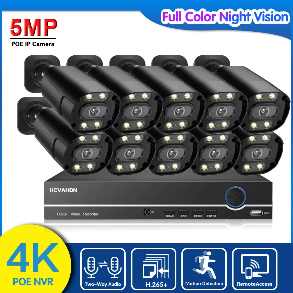 10CH 4K POE NVR Outdoor Wateproof 5MP Color Night Vision CCTV Security Camera System 2 Way Audio Camera Video Surveillance Kit