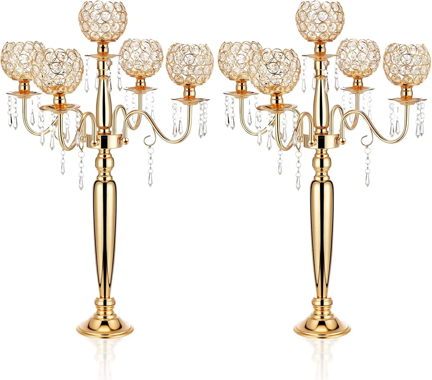 

2 Pcs 5 Arm Crystal Candelabra Centerpieces for Tables 29.5 Inch Gold Candle Holders for Table Centerpiece Tall Crystal Candle