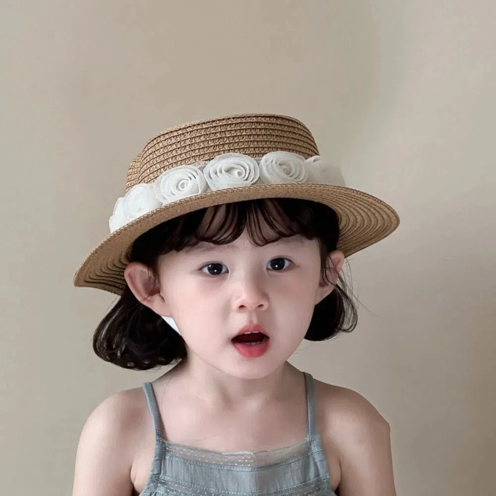 Ins Summer Baby Straw Caps French Vacation Flower Lace Straw Hat Beach Travel Children Sun Hat 2-6 years