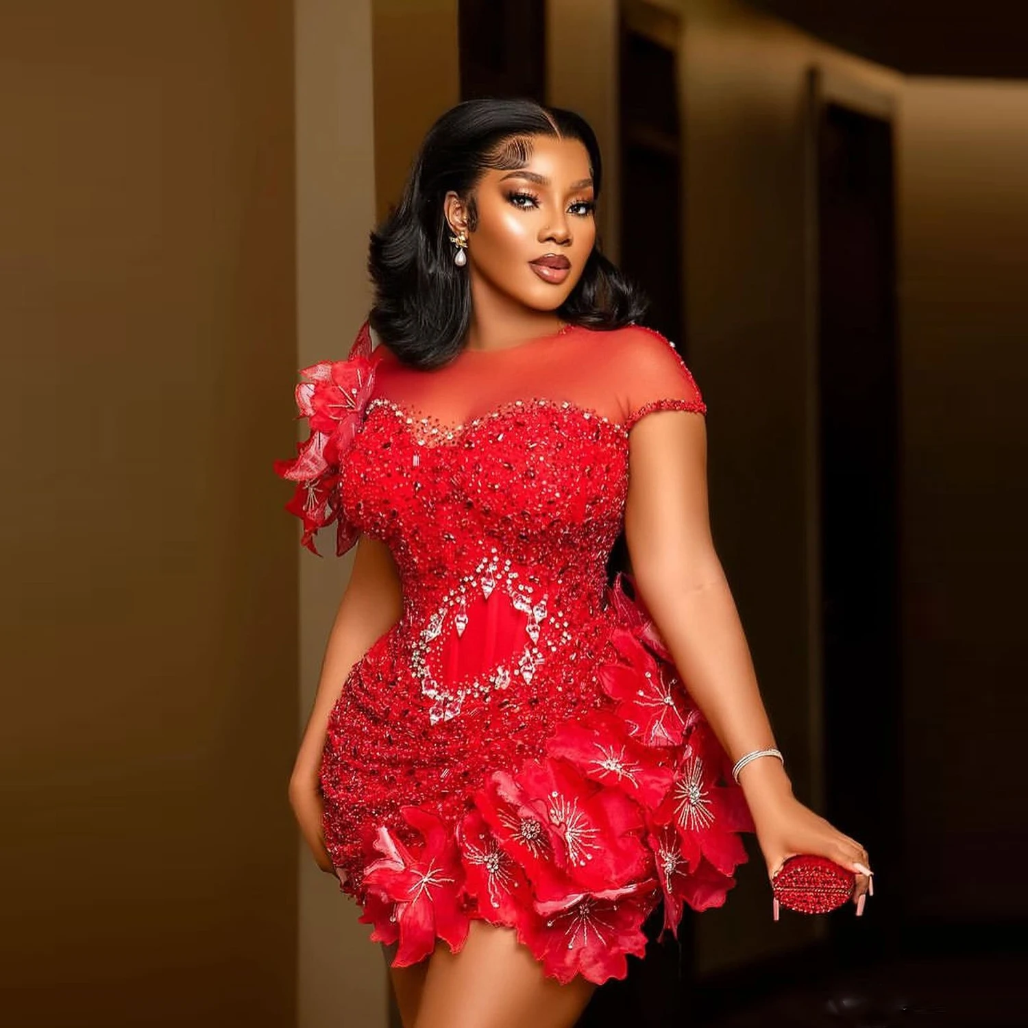 

Red Luxury Cocktail Party Dress Mini Aso Ebi Prom Dress Aso Ebi Evening Gowns O Neck Short Seeves Handmade Flowers Beads 2024