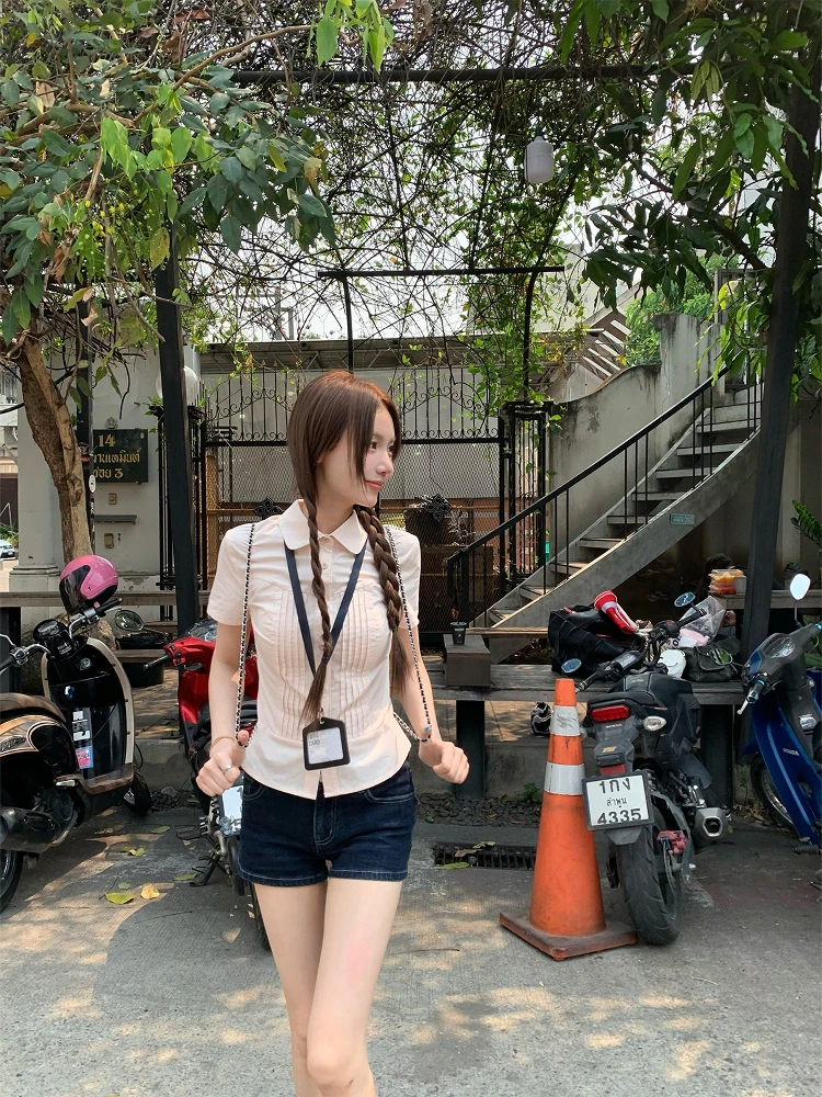 

Розовая хлопковая женская футболка Fheer с коротким рукавом, приталенным силуэтом, в университетском стиле, дышащая, удобная, укороченная.