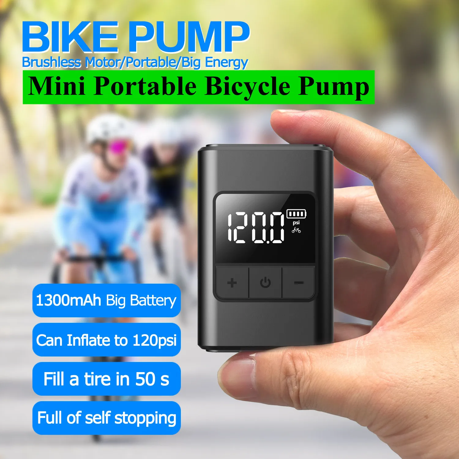

Portable Mini Electric Bicycle Pump 120PSI Type-C 1300mAh Rechargeable Air Inflator Bike Pump MTB Road AV FV Valve Cycling Pump