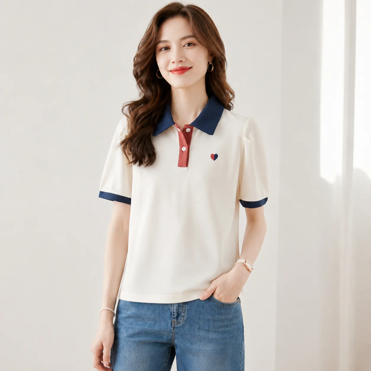 Women Polo Shirt Short Sleeve Contrast Collar Heart Embroidery Color Block Casual Relaxed Fit Summer Top EOENKKY